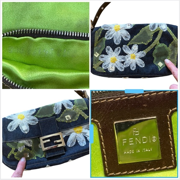 Vintage Fendi Daisy Embroidered Denim Baguette Flower Mesh Appliqué Y2K Bag - Picture 10 of 16